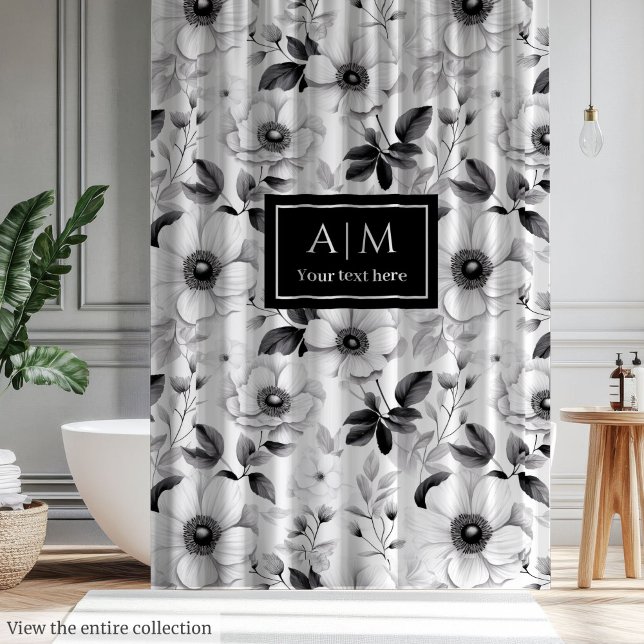 Rideau de douche fleurs noir blanc sophistiqué (Sophisticated black white flowers shower curtain)