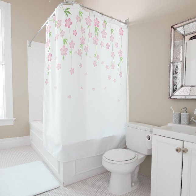 Rideau de douche Fleurs roses et blanches  (En situation)