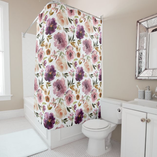 Rideau de douche Fleurs Roses Rose Violet (En situation)