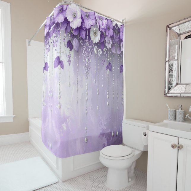 Rideau de douche Fleurs violettes avec perles qui  (En situation)