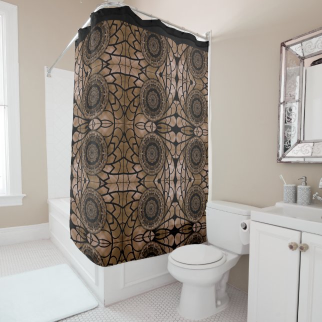 Rideau de douche floral abstrait noir et beige (En situation)