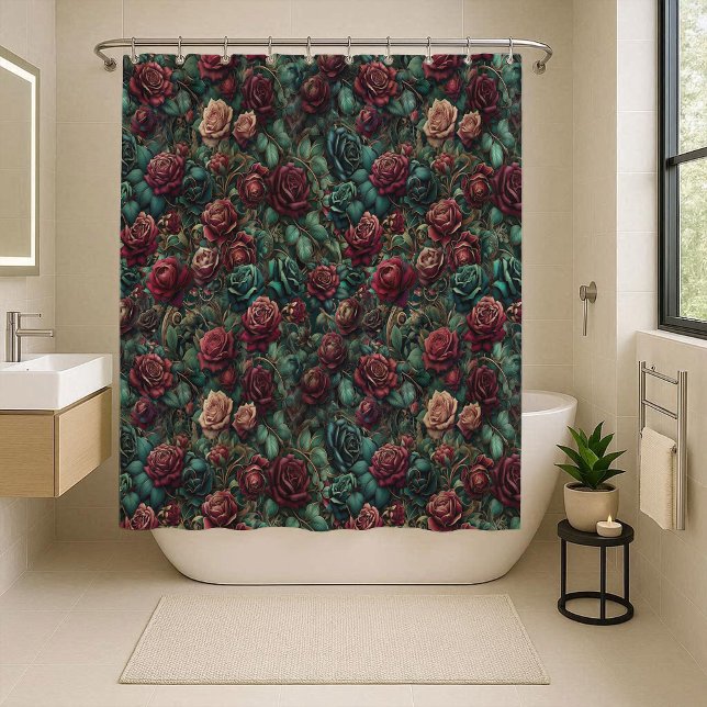 Rideau de douche floral Art Nouveau rose sarcelle  (Art Nouveau Rose Teal Gold Floral Shower Curtain)