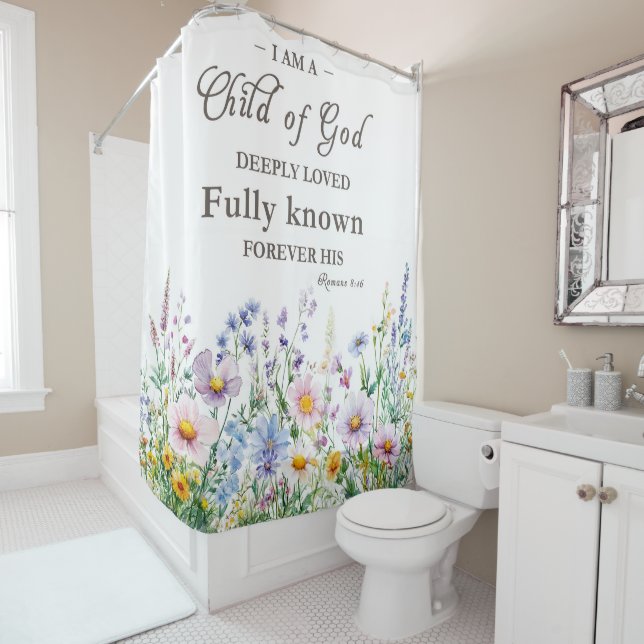 Rideau de douche floral avec verset biblique bohèm (En situation)