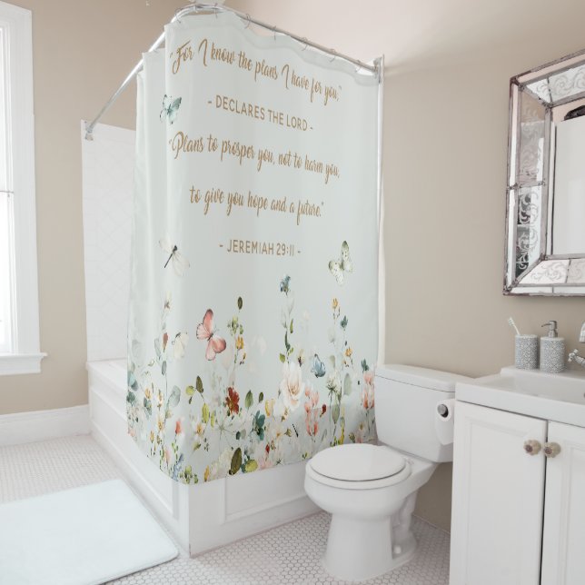 Rideau de douche floral avec verset biblique bohèm (En situation)
