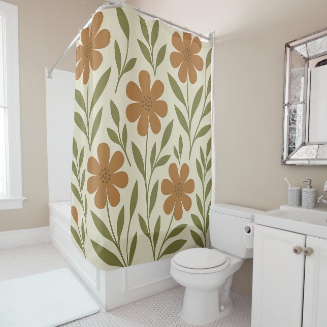 Rideau de douche floral beige et orange (En situation)