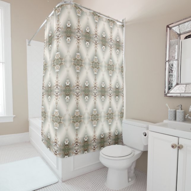 Rideau de douche floral blanc orné (En situation)
