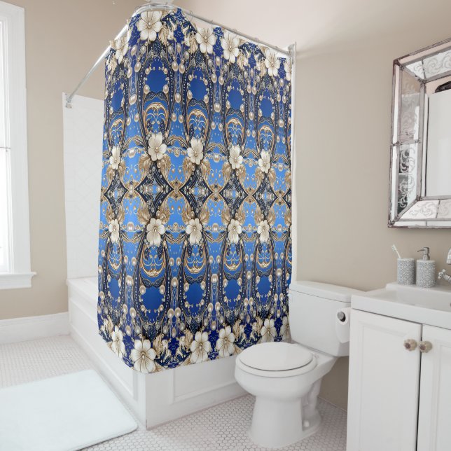Rideau de douche floral bleu blanc (En situation)