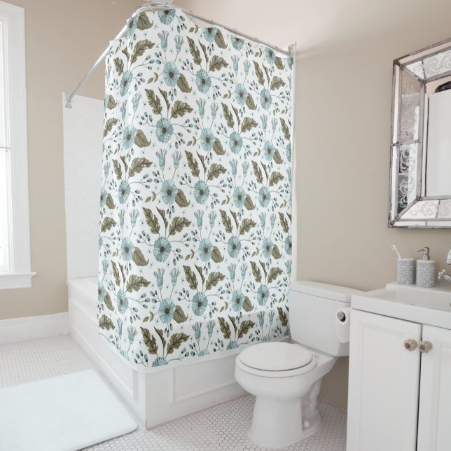 Rideau de douche floral bleu et vert Boho (En situation)