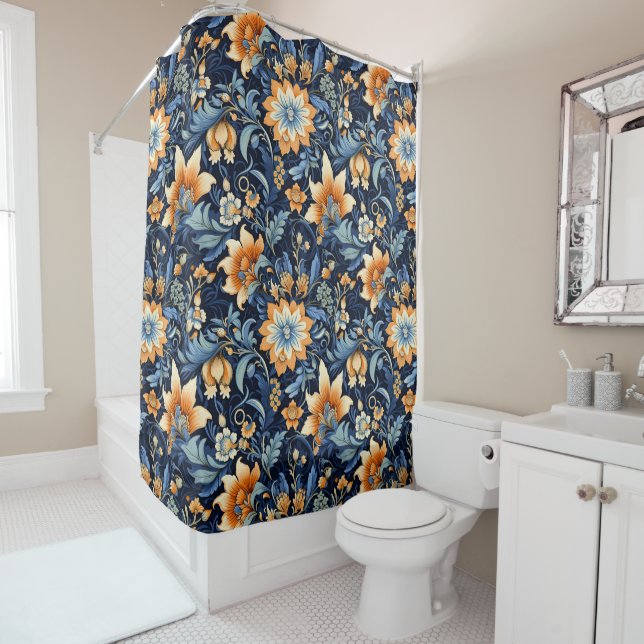 Rideau de douche floral bohème marine (En situation)