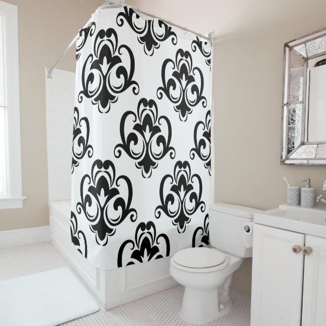 Rideau de douche floral noir et blanc Arabesque (En situation)