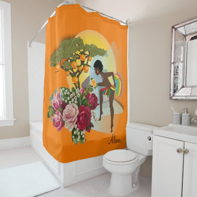 Rideau de douche Floral Orange Africaine femme (En situation)