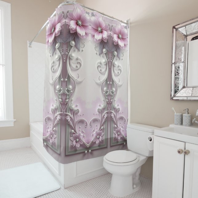 Rideau de douche floral rose (En situation)