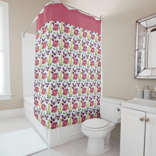 Rideau de douche floral rose (En situation)