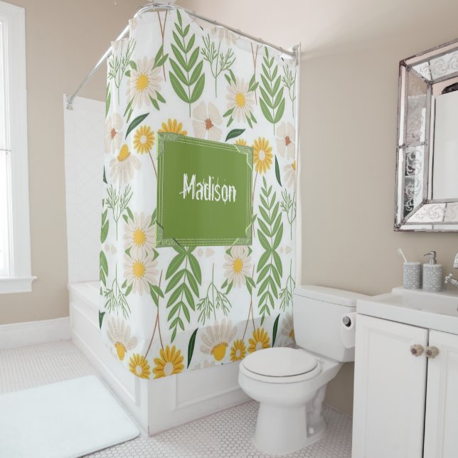 Rideau de douche Floral vert Monogramme (En situation)