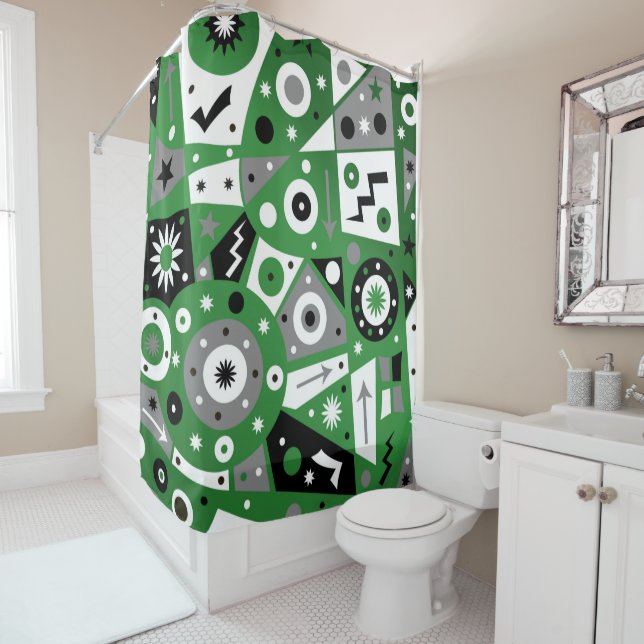 Rideau de douche géométrique Solidus vert (En situation)
