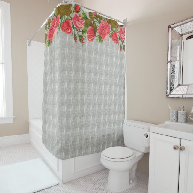 Rideau de douche gris floral (En situation)