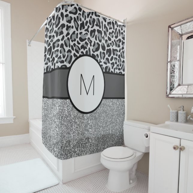Rideau de douche Gris Monogramme Rideaux de Bain (En situation)