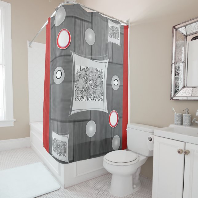 rideau de douche gris rouge (En situation)