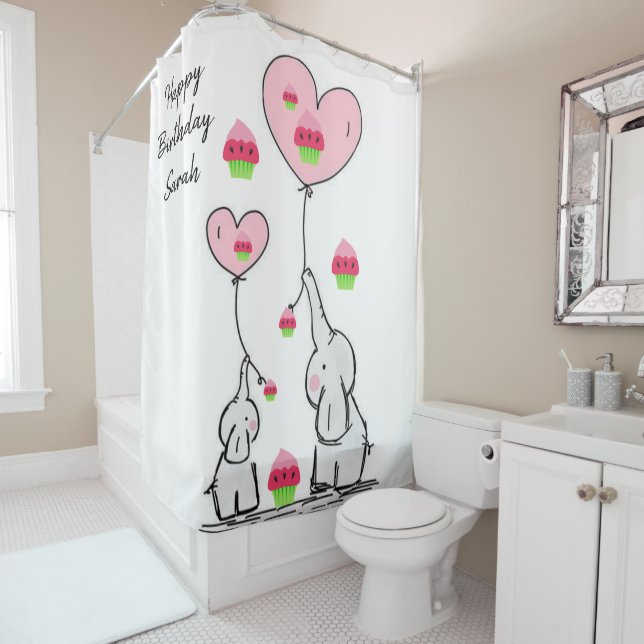 Rideau de douche heureux Anniversaire Eléphant (En situation)