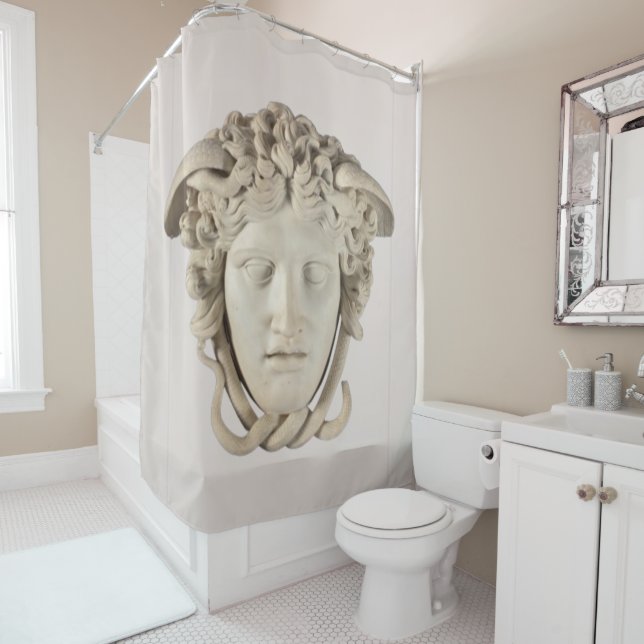 Rideau de douche iconique Méduse en beige neutre (En situation)