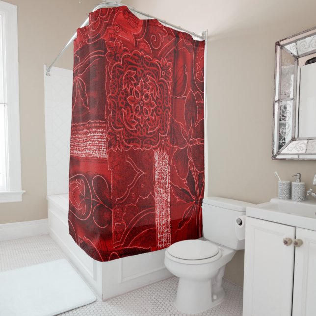Rideau de douche Imprimé Patchwork Floral Rouge  (En situation)