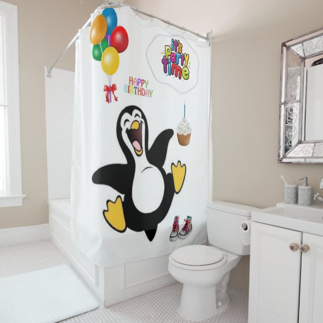 Rideau de douche Joyeux Penguin d'anniversaire (En situation)