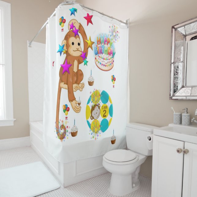 Rideau de douche Joyeux singe d'anniversaire 2 ans (En situation)