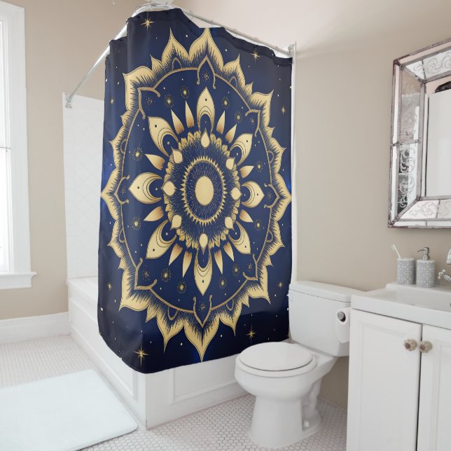 Rideau de douche Mandala Lune Céleste | Bleu Nuit  (En situation)