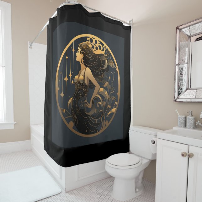 Rideau de douche Mermaid Art déco noir et or (En situation)