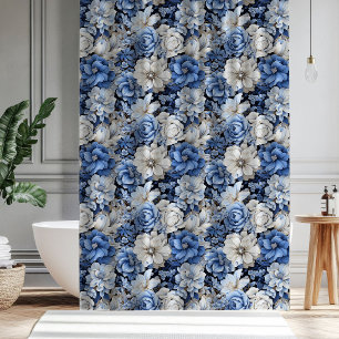 Rideau de douche moderne floral bleu blanc ivoire 