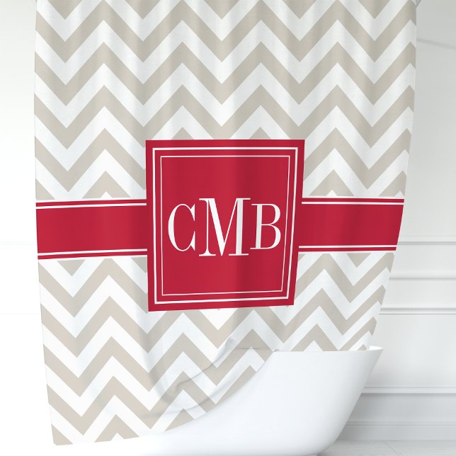 Rideau de douche Monogramme Chevron Beige et Rouge (Créateur téléchargé)