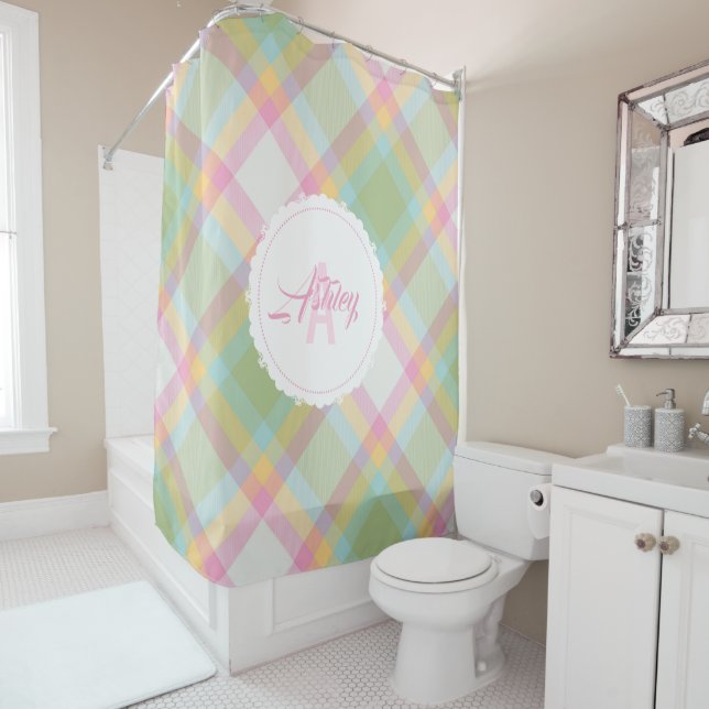 Rideau de douche monogramme - Ressort Plaid {S2D24 (En situation)