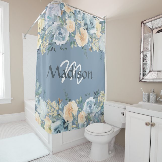Rideau de douche Monogramme Rose Bleu tendance (En situation)