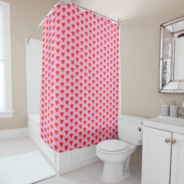 Rideau de douche Motif de Coeurs rose et rouge (En situation)