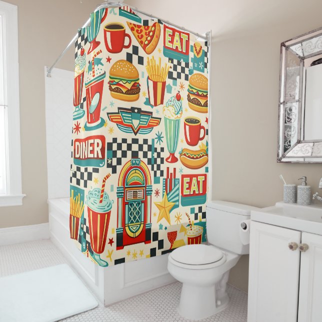 rideau de douche motif nourriture diner 50s vintag (En situation)