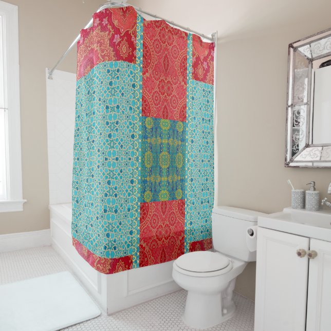 Rideau de douche - Motif Turquoise Rouge Oriental (En situation)