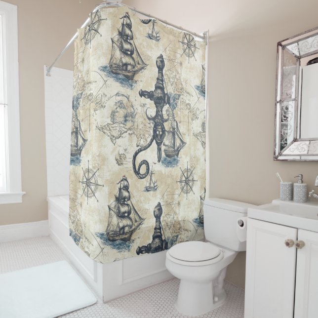 Rideau de douche nautique vintage (En situation)