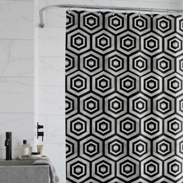 Rideau de douche noir blanc hexagone géométrique (Créateur téléchargé)