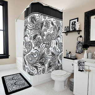 Rideau de douche noir et blanc à motif cachemire