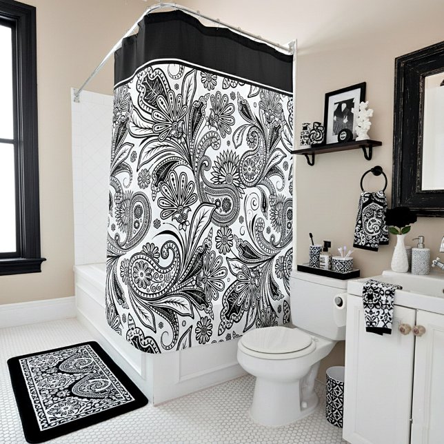 Rideau de douche noir et blanc à motif cachemire (Créateur téléchargé)
