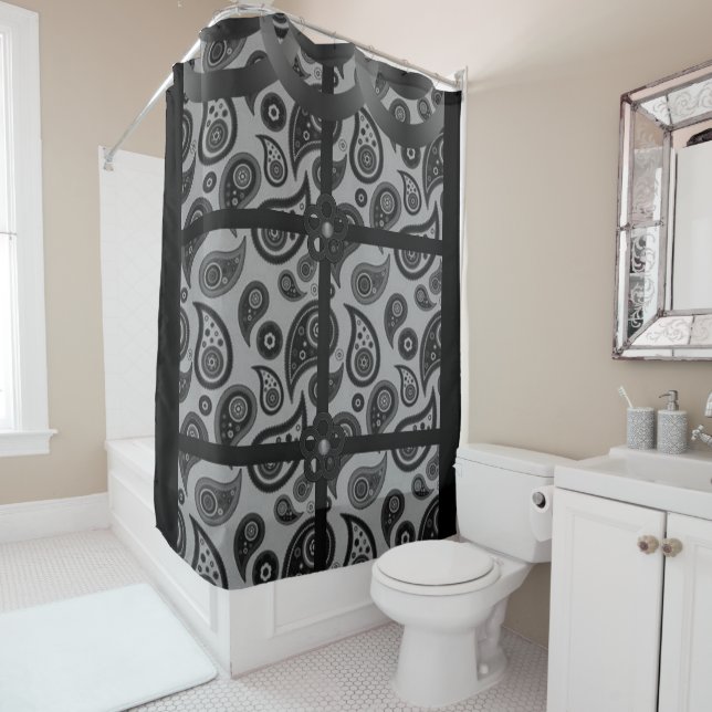 Rideau de douche noir gris Paisley (En situation)