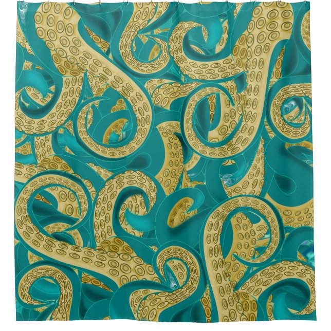 Rideau de douche octopus turquoise or (Devant)