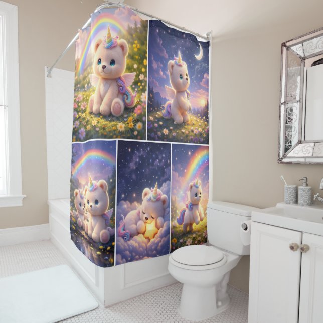 Rideau de douche ourson licorne (En situation)