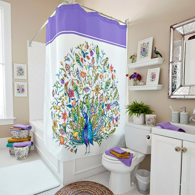 Rideau de douche paon floral aquarelle (Créateur téléchargé)