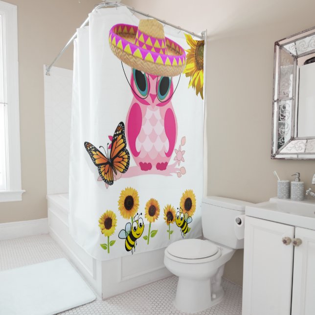 Rideau de douche Papillon Chouette Bourdon Tournes (En situation)