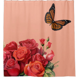 Rideau de douche papillon et roses rouges roses él