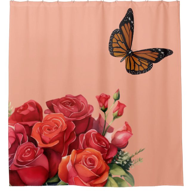 Rideau de douche papillon et roses rouges roses él (Devant)