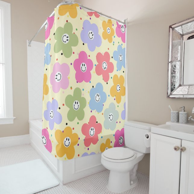 Rideau de douche pastel à motif fleur smiley migno (En situation)