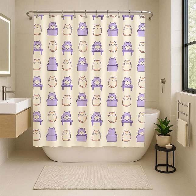 Rideau de douche pastel chat potelé lavande kawaii (Kawaii Lavender Chonky Cat Pastel Shower Curtain)