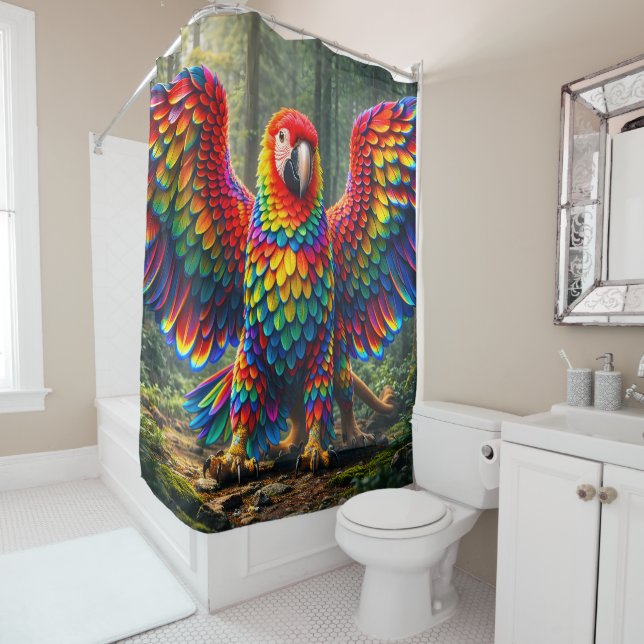 Rideau de douche perroquet ara macaw plume arc-en- (En situation)